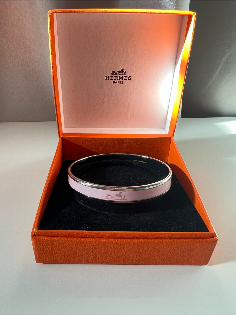 Hermes Pink Enamel and Silver Bangle Bracelet